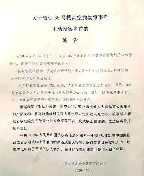 天降玉米棒砸傷行人！物業(yè)對全樓住戶做DNA檢測，“嚇”出肇事者